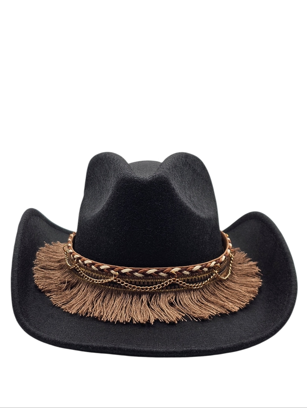 Unisex Black Western Sunshade Beach Felt Fringe Cowboy Hat
